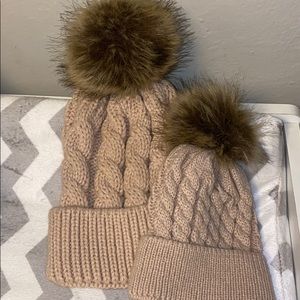 Matching mommy and me winter hats with puff ball